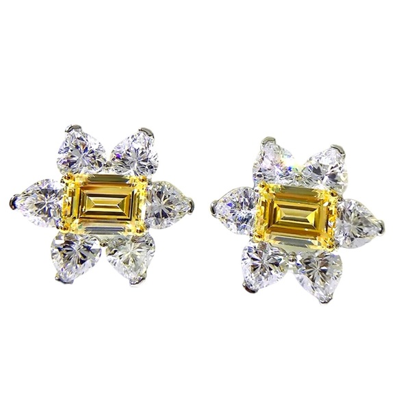 Beautiful Yellow & Silver Zircon Flower Earrings - Picture 3 of 10